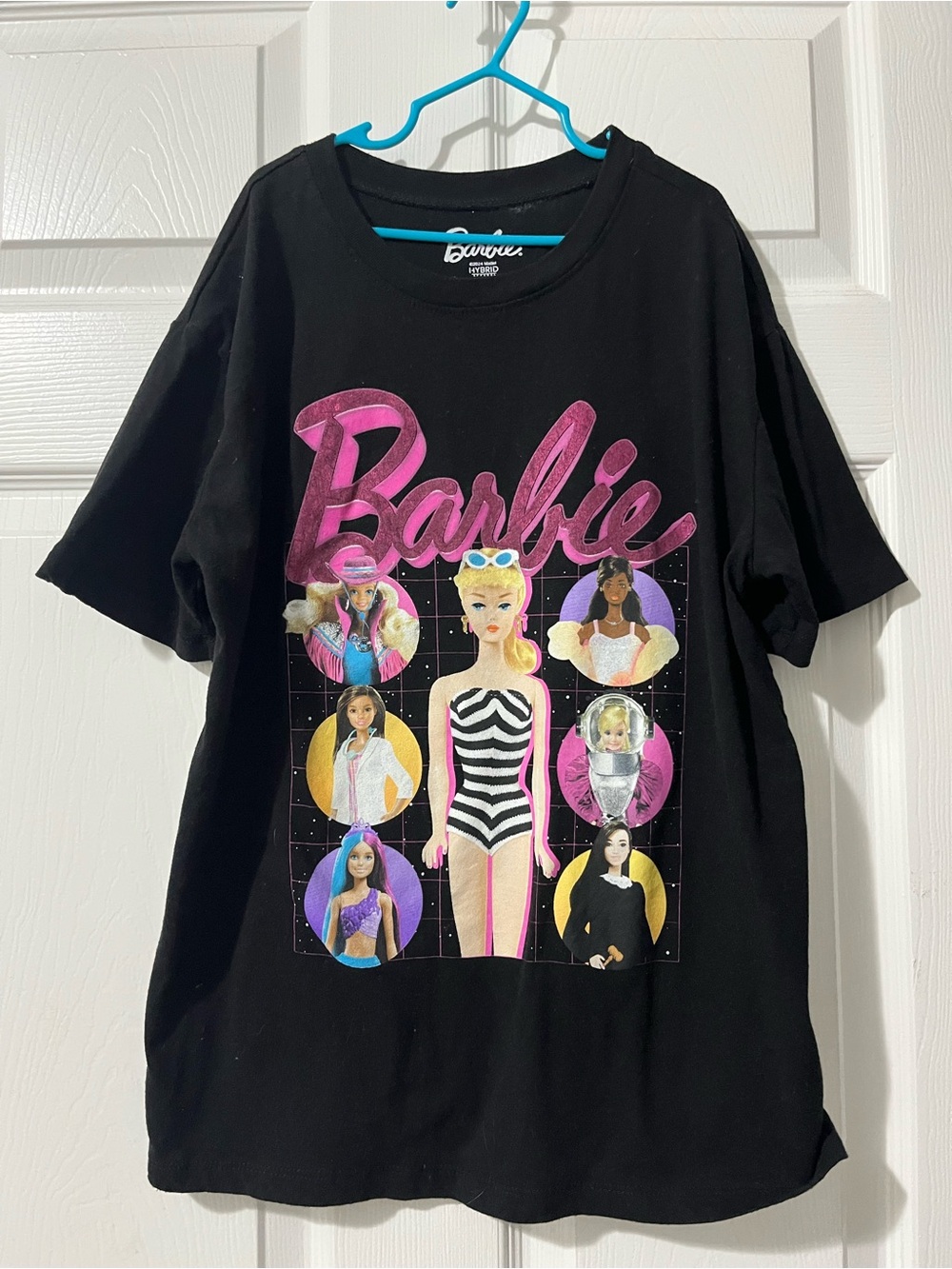 Barbie Black Tee with Pink Logo and Multicolor Doll Artwork